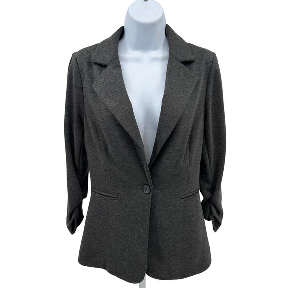 41 Hawthorn Blazer WMNS S Gray One Button 3/4 Ruched Sleeve Lined Knit Stretch - Picture 2 of 9